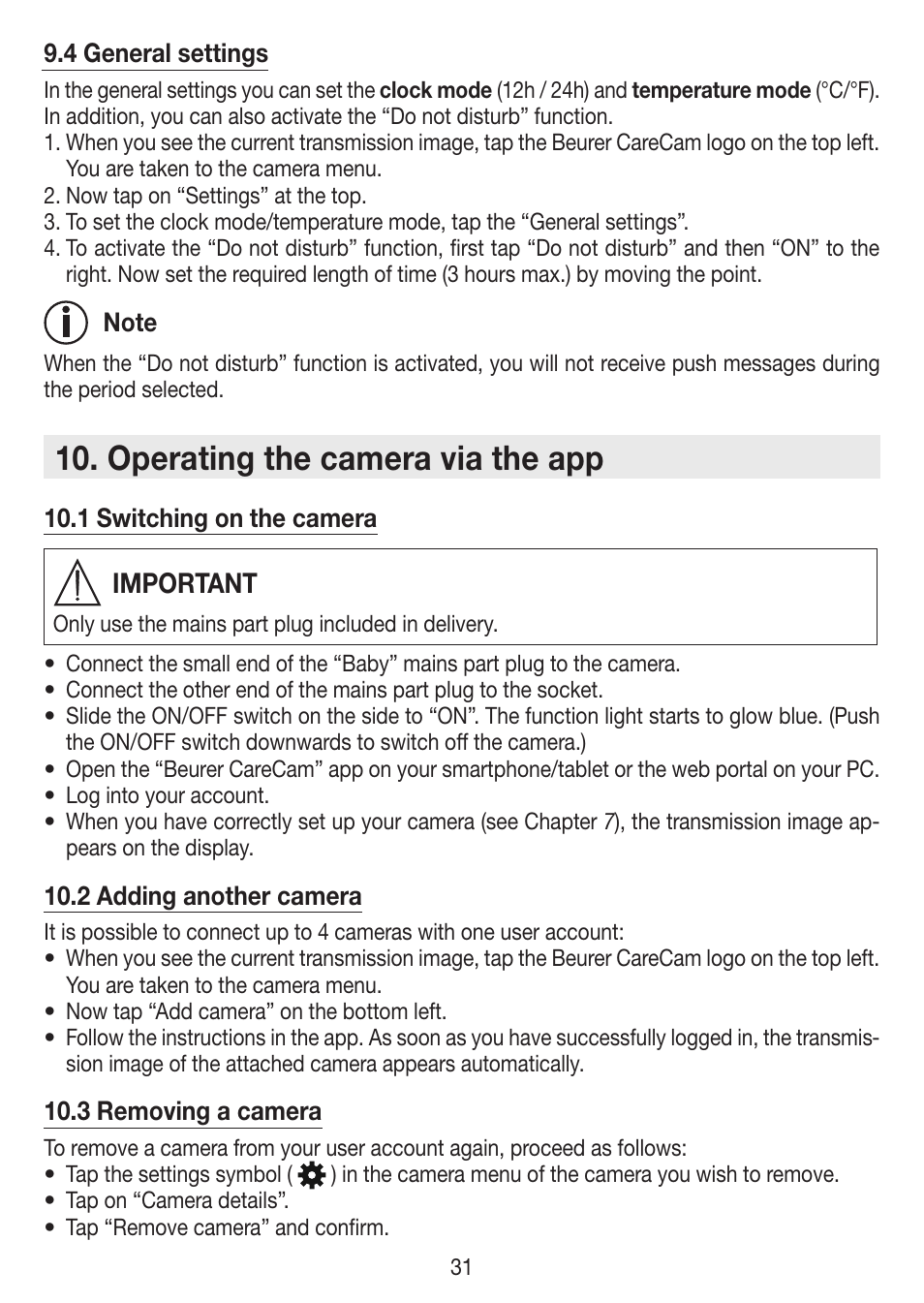 Operating the camera via the app, Important | Beurer BY 99 User Manual | Page 31 / 144