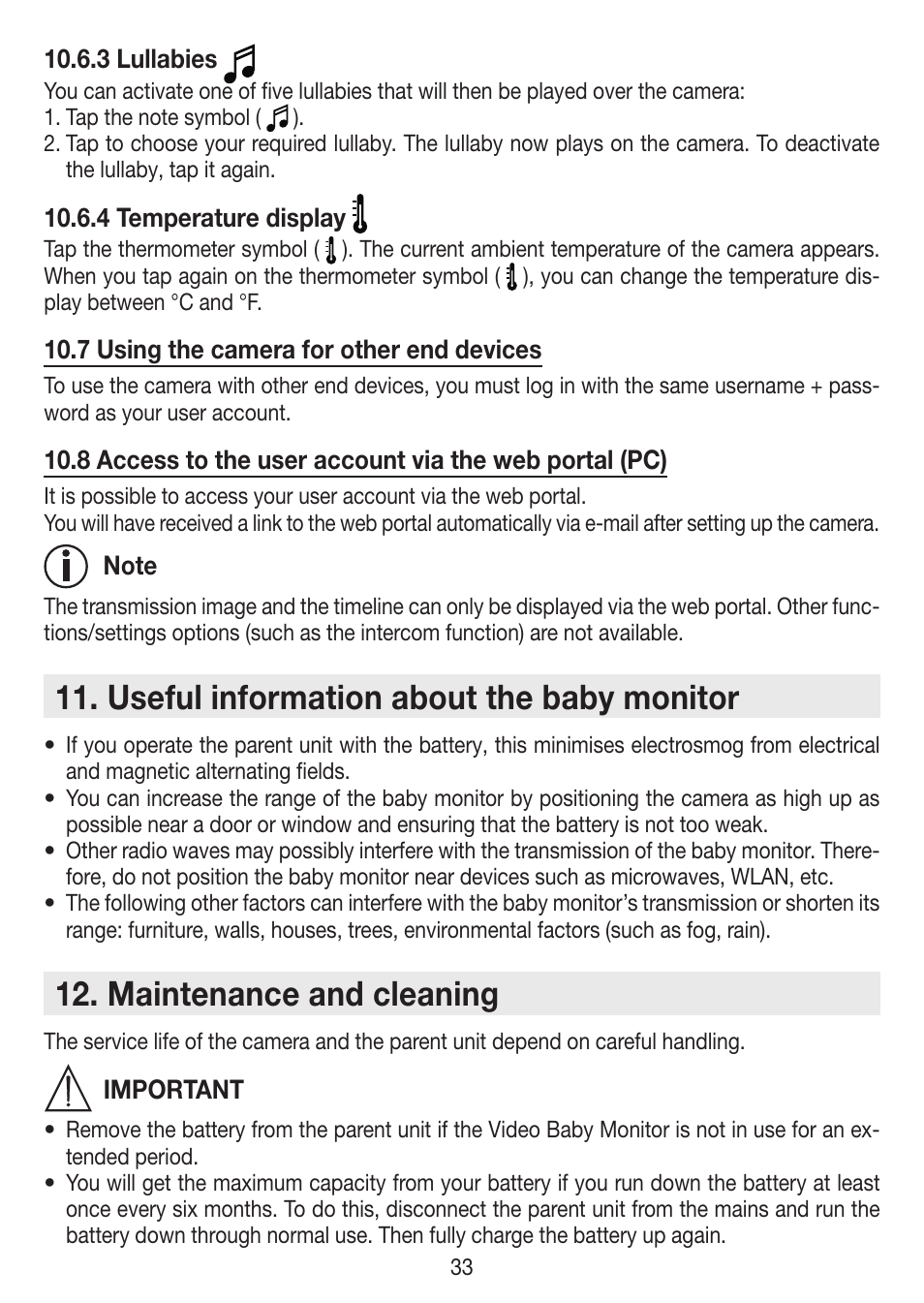 Useful information about the baby monitor, Maintenance and cleaning | Beurer BY 99 User Manual | Page 33 / 144