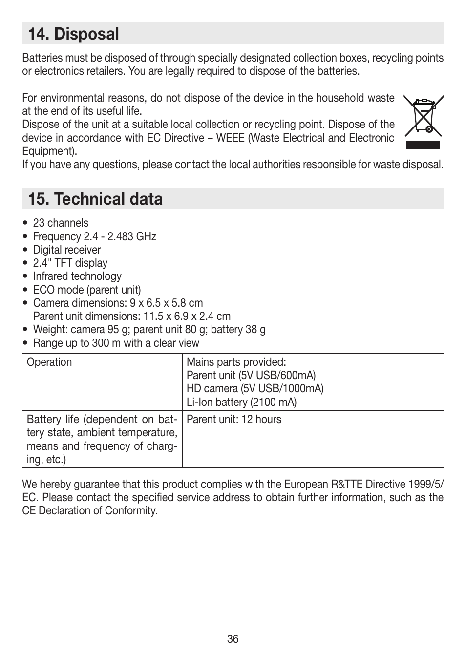 Disposal, Technical data | Beurer BY 99 User Manual | Page 36 / 144
