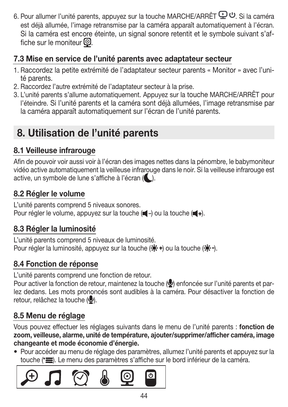 Utilisation de l’unité parents | Beurer BY 99 User Manual | Page 44 / 144