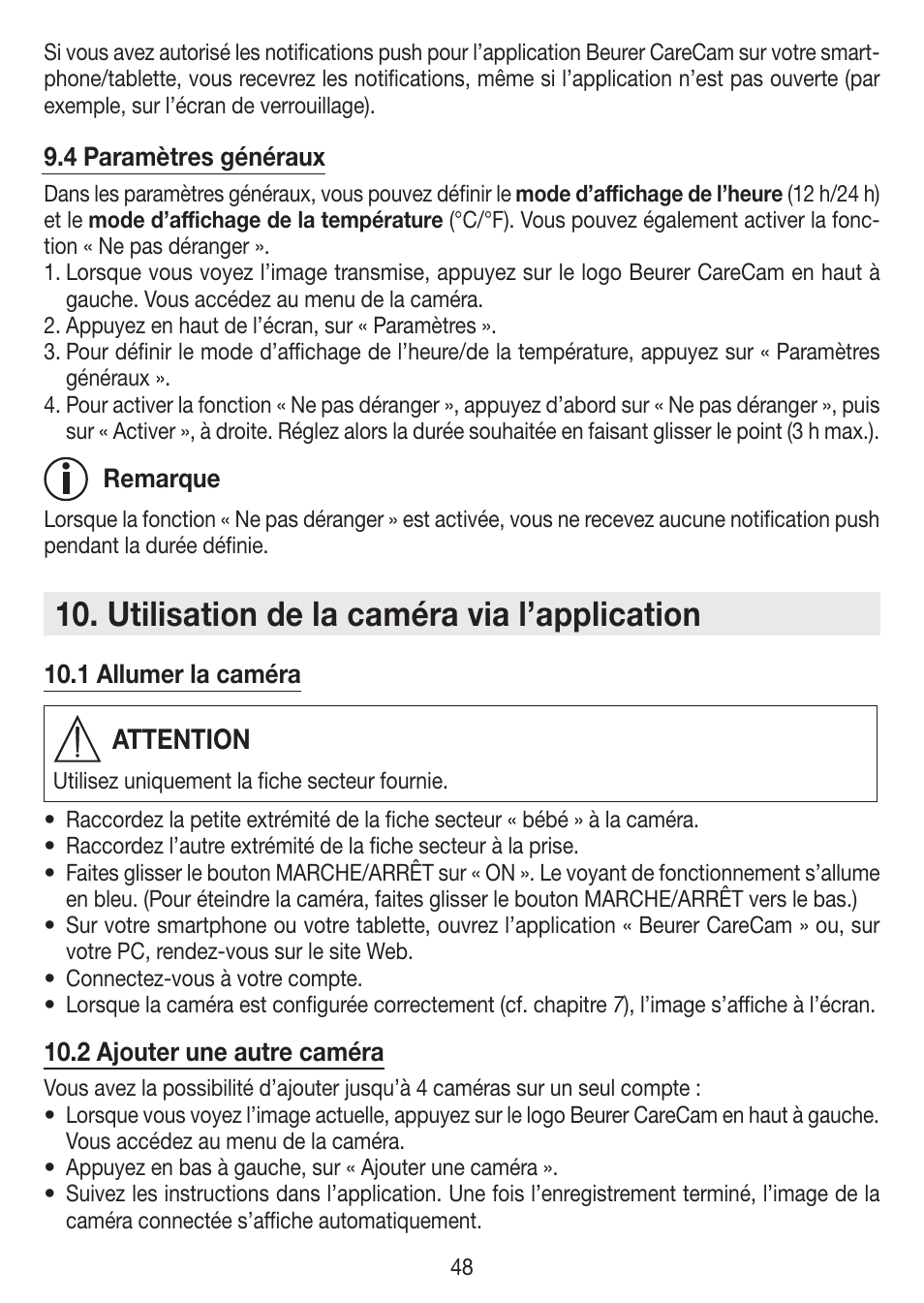 Utilisation de la caméra via l’application, Attention | Beurer BY 99 User Manual | Page 48 / 144