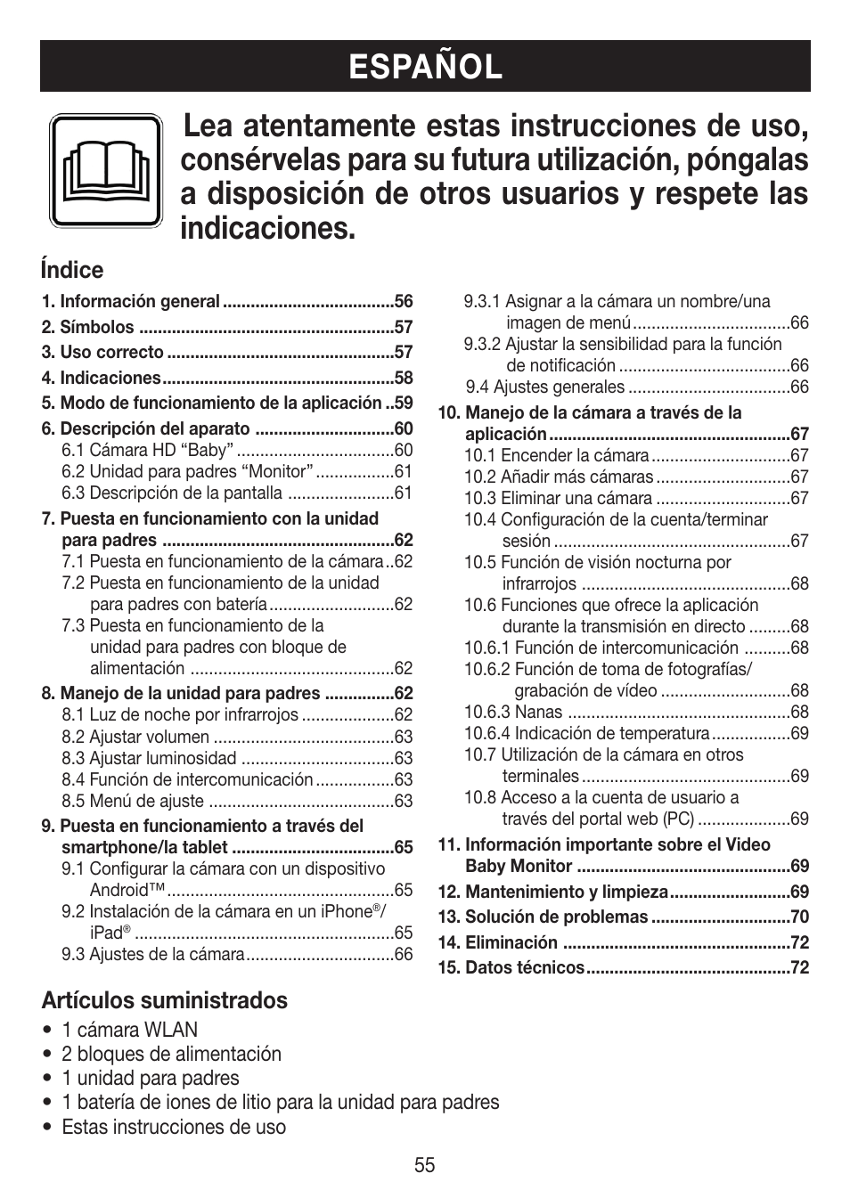 Español, Índice artículos suministrados | Beurer BY 99 User Manual | Page 55 / 144