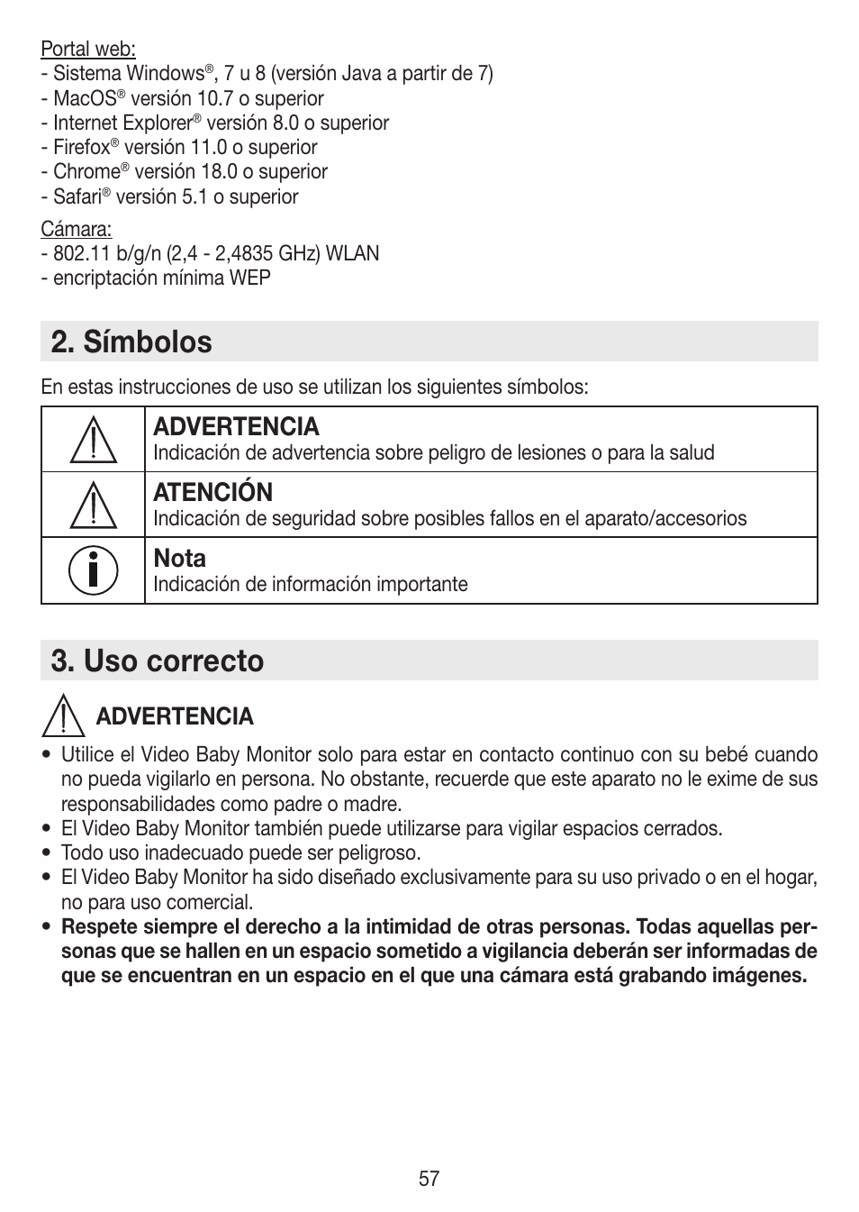Símbolos, Uso correcto, Advertencia | Atención, Nota | Beurer BY 99 User Manual | Page 57 / 144