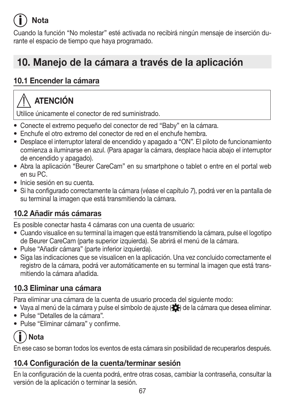 Manejo de la cámara a través de la aplicación, Atención | Beurer BY 99 User Manual | Page 67 / 144