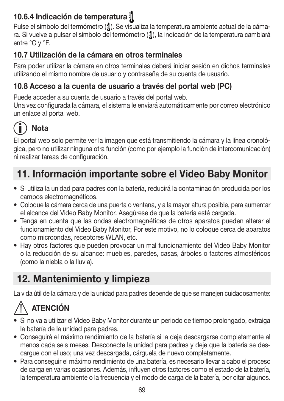 Información importante sobre el video baby monitor, Mantenimiento y limpieza | Beurer BY 99 User Manual | Page 69 / 144