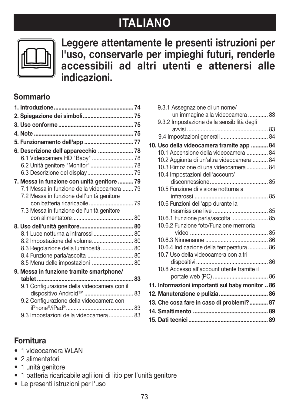 Italiano, Sommario fornitura | Beurer BY 99 User Manual | Page 73 / 144