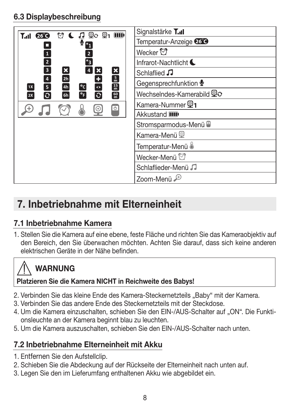 Inbetriebnahme mit elterneinheit, 3 displaybeschreibung, 1 inbetriebnahme kamera | Warnung, 2 inbetriebnahme elterneinheit mit akku, Ntfernen | Beurer BY 99 User Manual | Page 8 / 144