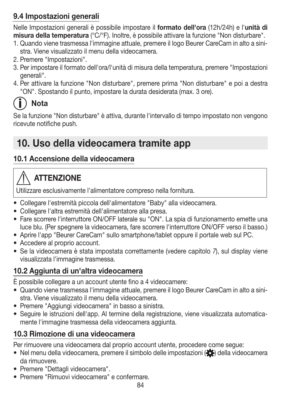 Uso della videocamera tramite app, Attenzione | Beurer BY 99 User Manual | Page 84 / 144