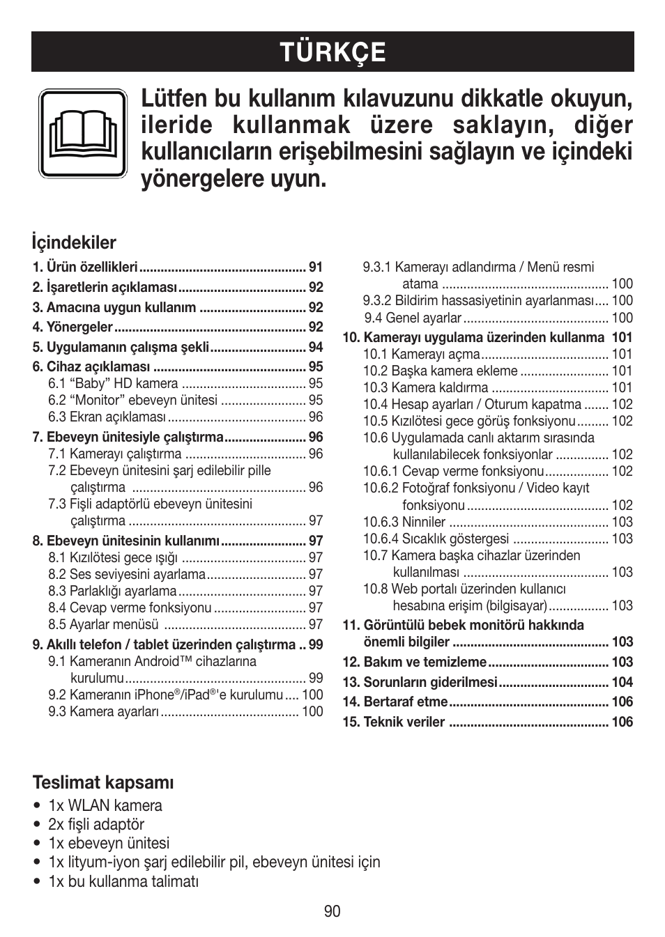 Türkçe, Içindekiler teslimat kapsamı | Beurer BY 99 User Manual | Page 90 / 144