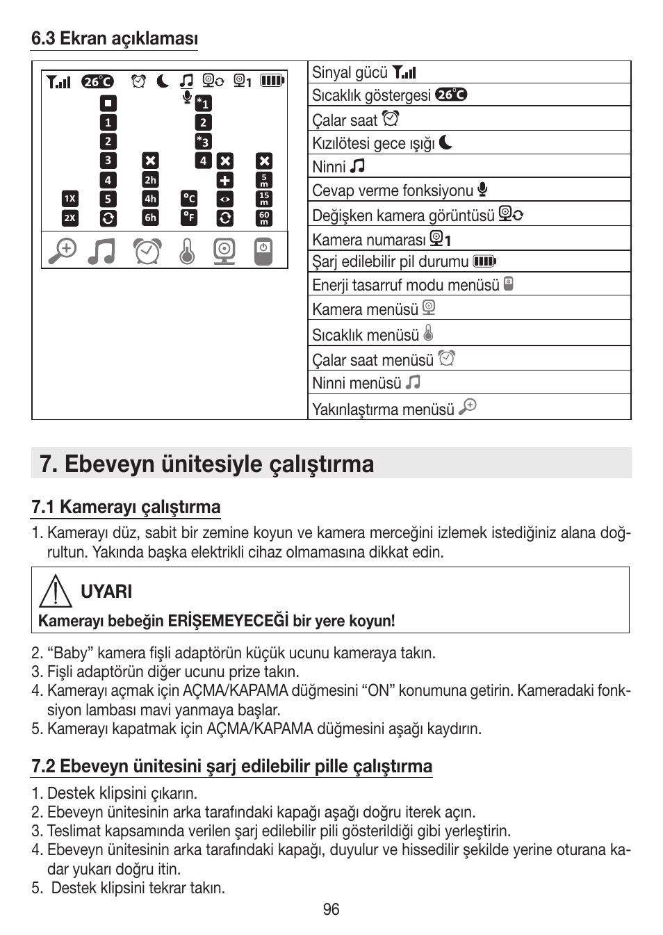 Ebeveyn ünitesiyle çalıştırma, 3 ekran açıklaması, 1 kamerayı çalıştırma | Uyari, Estek klipsini | Beurer BY 99 User Manual | Page 96 / 144