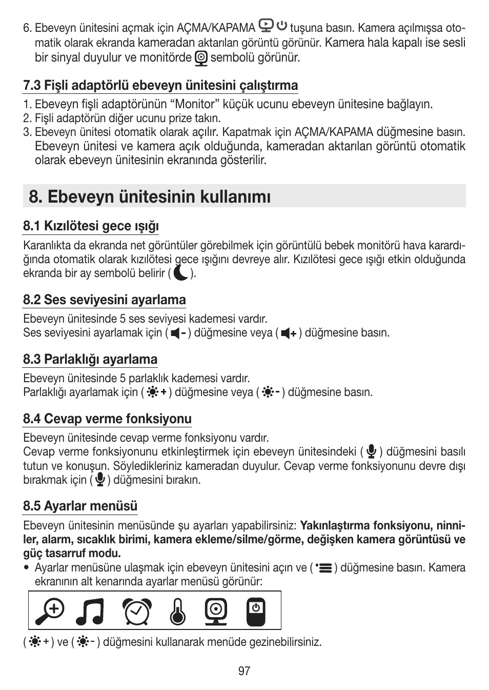 Ebeveyn ünitesinin kullanımı | Beurer BY 99 User Manual | Page 97 / 144