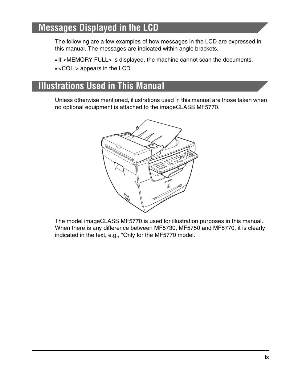 Messages displayed in the lcd, Illustrations used in this manual | Canon IMAGECLASS MF5700 User Manual | Page 10 / 139
