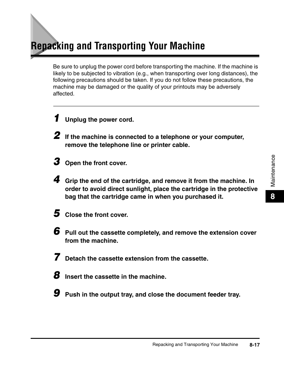 Repacking and transporting your machine, Repacking and transporting your machine -17 | Canon IMAGECLASS MF5700 User Manual | Page 100 / 139