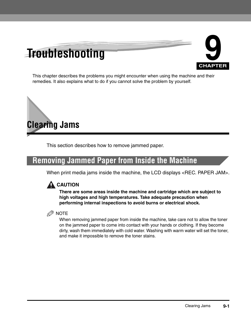 Troubleshooting, Clearing jams, Removing jammed paper from inside the machine | Chapter 9, Clearing jams -1, Removing jammed paper from inside the machine -1 | Canon IMAGECLASS MF5700 User Manual | Page 102 / 139