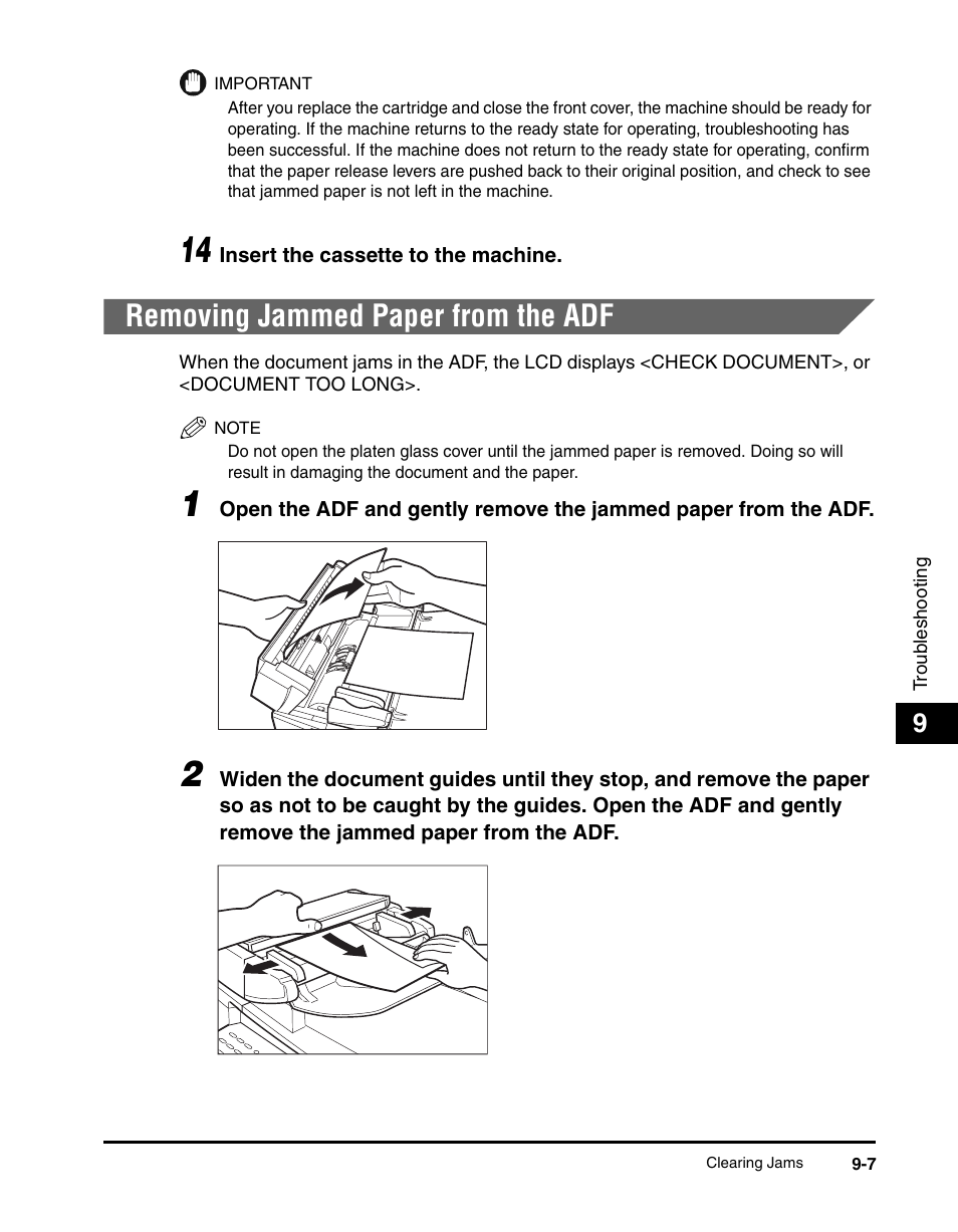 Removing jammed paper from the adf, Removing jammed paper from the adf -7, In “removing jammed paper from the adf,” on p. 9-7 | Canon IMAGECLASS MF5700 User Manual | Page 108 / 139