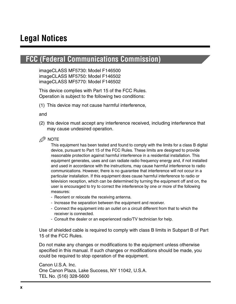 Legal notices, Fcc (federal communications commission) | Canon IMAGECLASS MF5700 User Manual | Page 11 / 139