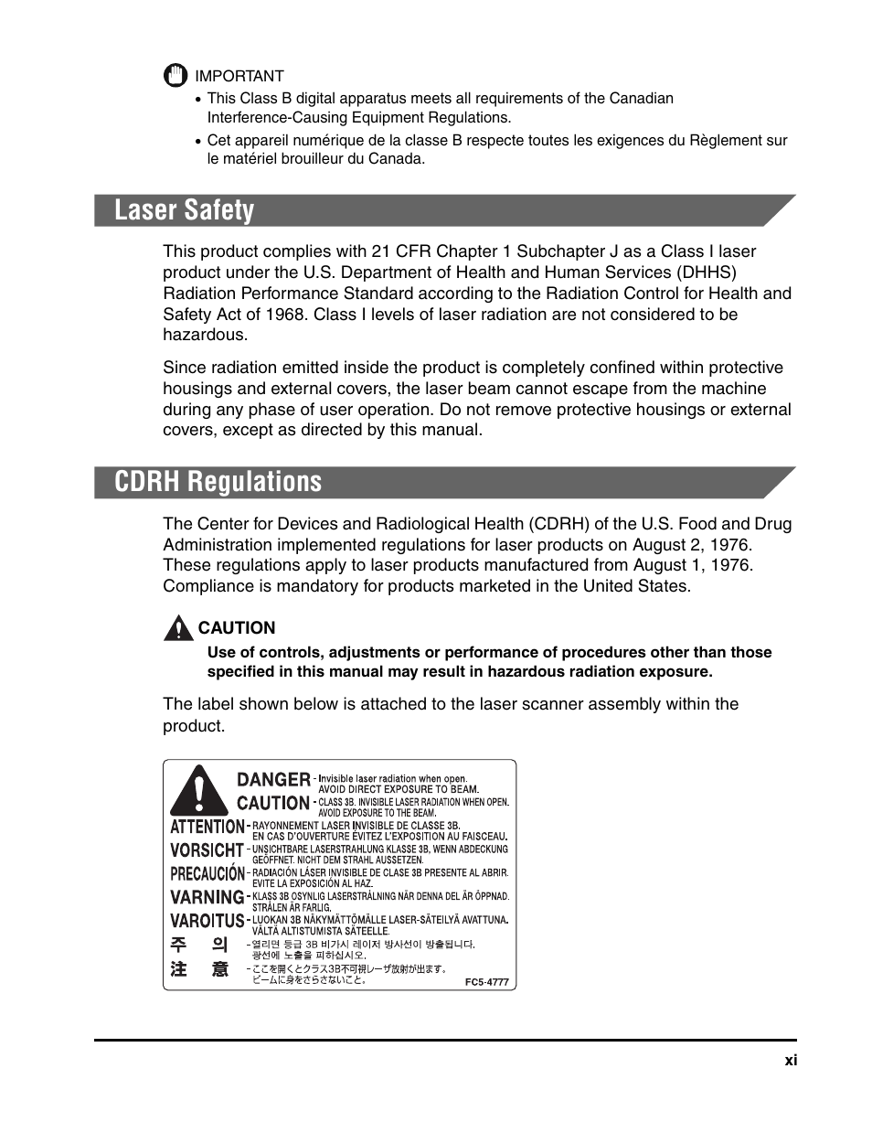 Laser safety, Cdrh regulations | Canon IMAGECLASS MF5700 User Manual | Page 12 / 139