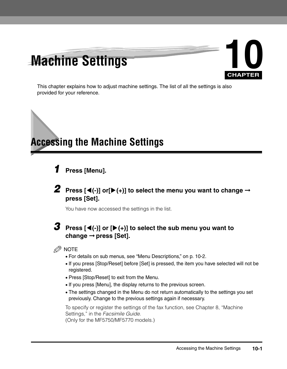 Machine settings, Accessing the machine settings, Chapter 10 machine settings | Accessing the machine settings -1 | Canon IMAGECLASS MF5700 User Manual | Page 124 / 139