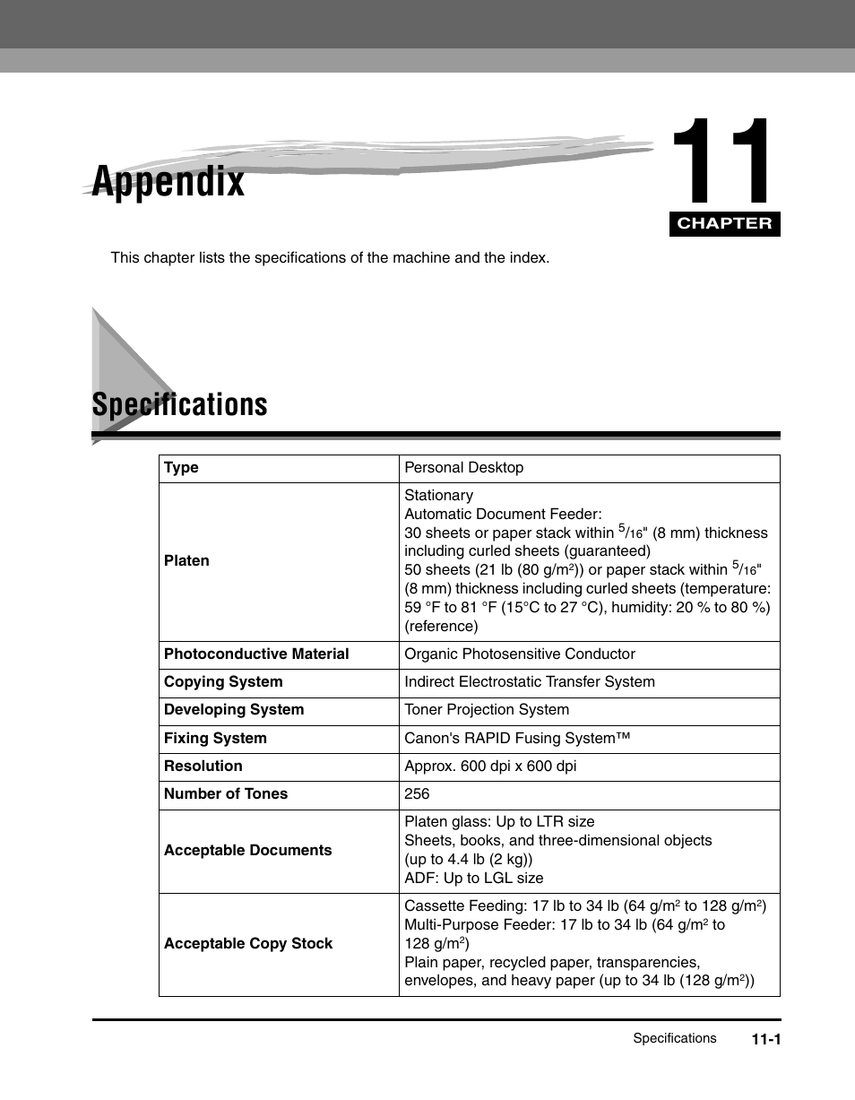 Appendix, Specifications, Chapter 11 appendix | Specifications -1, E “specifications,” on p. 11-1. f | Canon IMAGECLASS MF5700 User Manual | Page 132 / 139