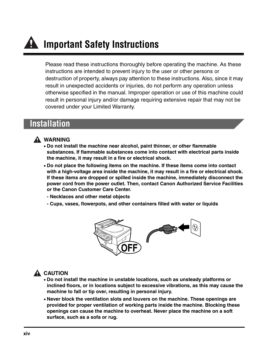 Important safety instructions, Installation | Canon IMAGECLASS MF5700 User Manual | Page 15 / 139