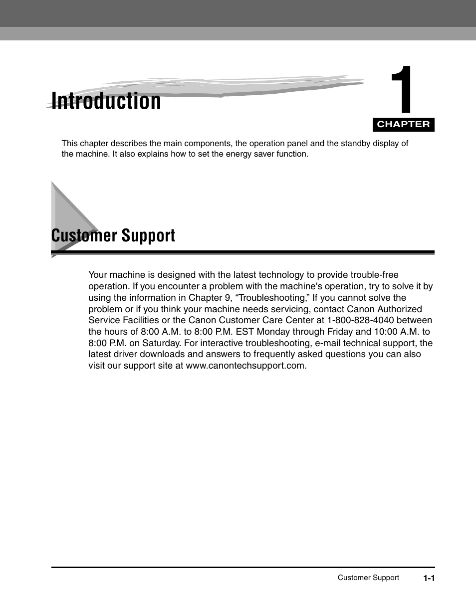 Introduction, Customer support, Chapter 1 | Customer support -1 | Canon IMAGECLASS MF5700 User Manual | Page 22 / 139