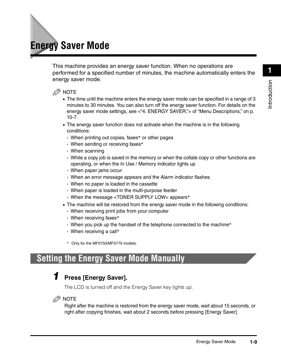 Energy saver mode, Setting the energy saver mode manually, Energy saver mode -9 | Setting the energy saver mode manually -9 | Canon IMAGECLASS MF5700 User Manual | Page 30 / 139