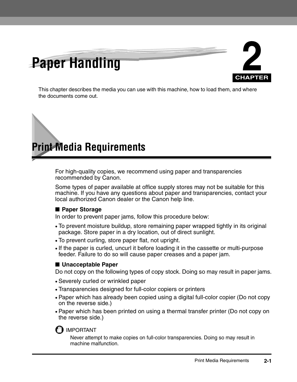 Paper handling, Print media requirements, Chapter 2 | Print media requirements -1 | Canon IMAGECLASS MF5700 User Manual | Page 32 / 139