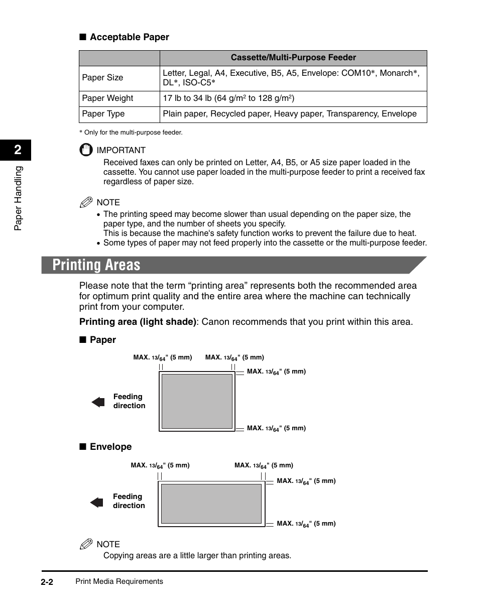 Printing areas, Printing areas -2, Pa pe r hand ling | Acceptable paper | Canon IMAGECLASS MF5700 User Manual | Page 33 / 139