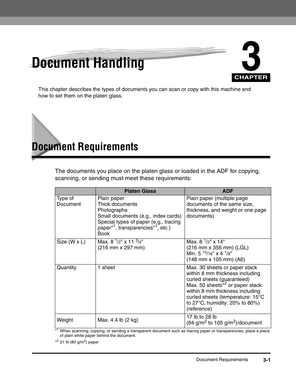 Document handling, Document requirements, Chapter 3 | Document requirements -1 | Canon IMAGECLASS MF5700 User Manual | Page 48 / 139