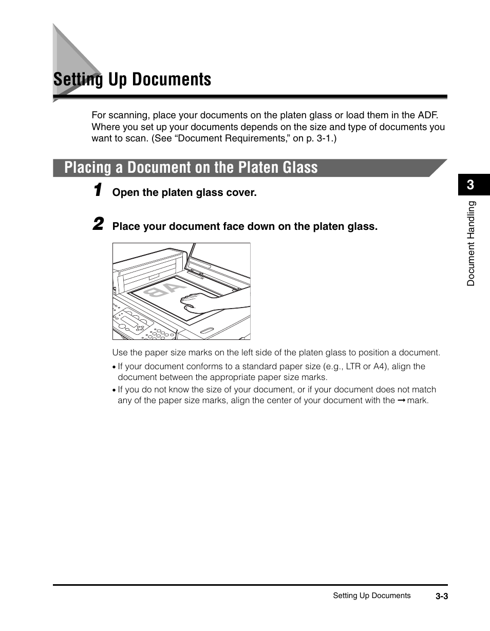 Setting up documents, Placing a document on the platen glass, Setting up documents -3 | Placing a document on the platen glass -3 | Canon IMAGECLASS MF5700 User Manual | Page 50 / 139