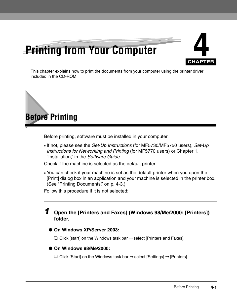 Printing from your computer, Before printing, Chapter 4 | Before printing -1 | Canon IMAGECLASS MF5700 User Manual | Page 54 / 139