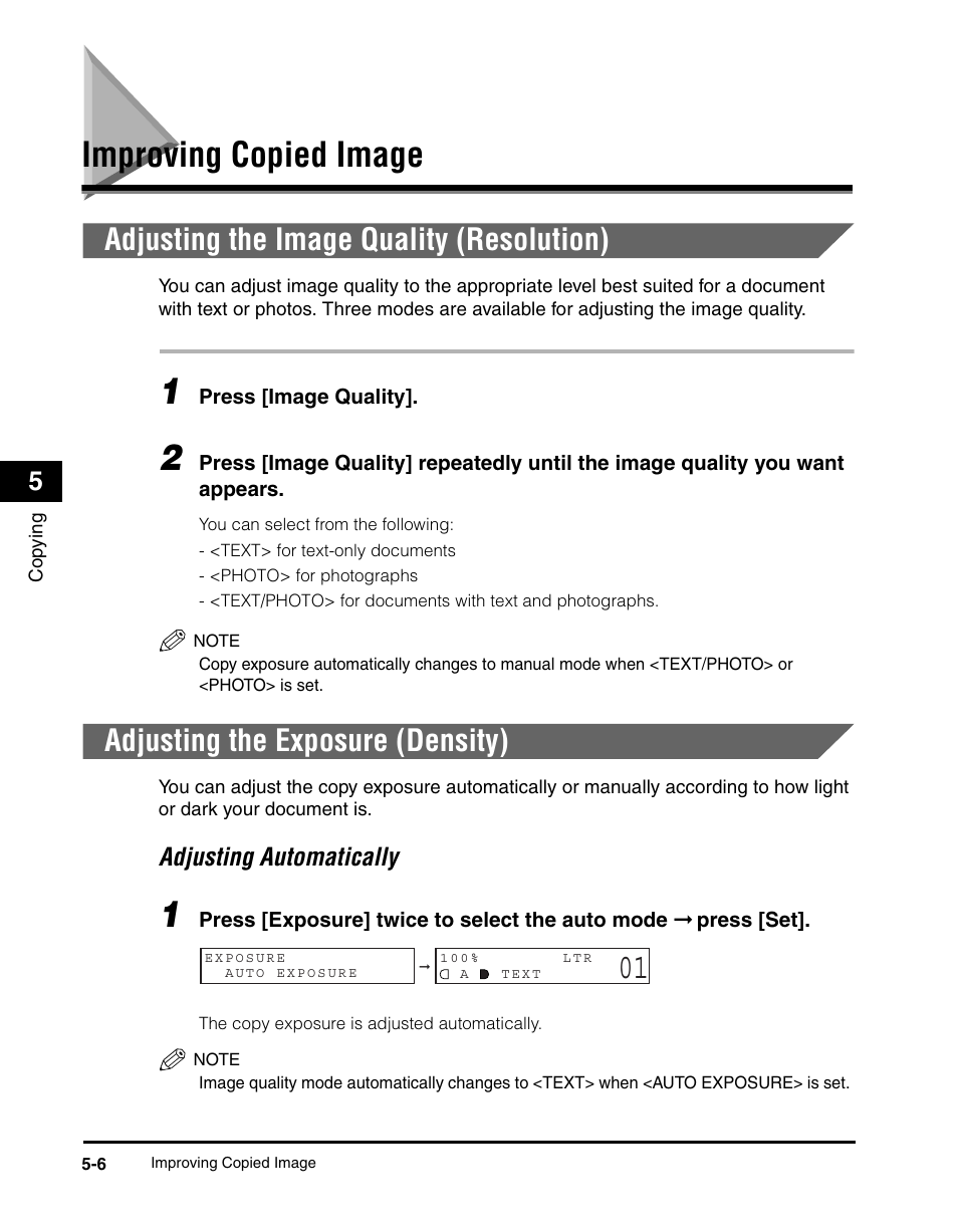 Improving copied image, Adjusting the image quality (resolution), Adjusting the exposure (density) | Improving copied image -6, Adjusting automatically -6, Adjusting the exposure (density),” on p. 5-6.) | Canon IMAGECLASS MF5700 User Manual | Page 65 / 139