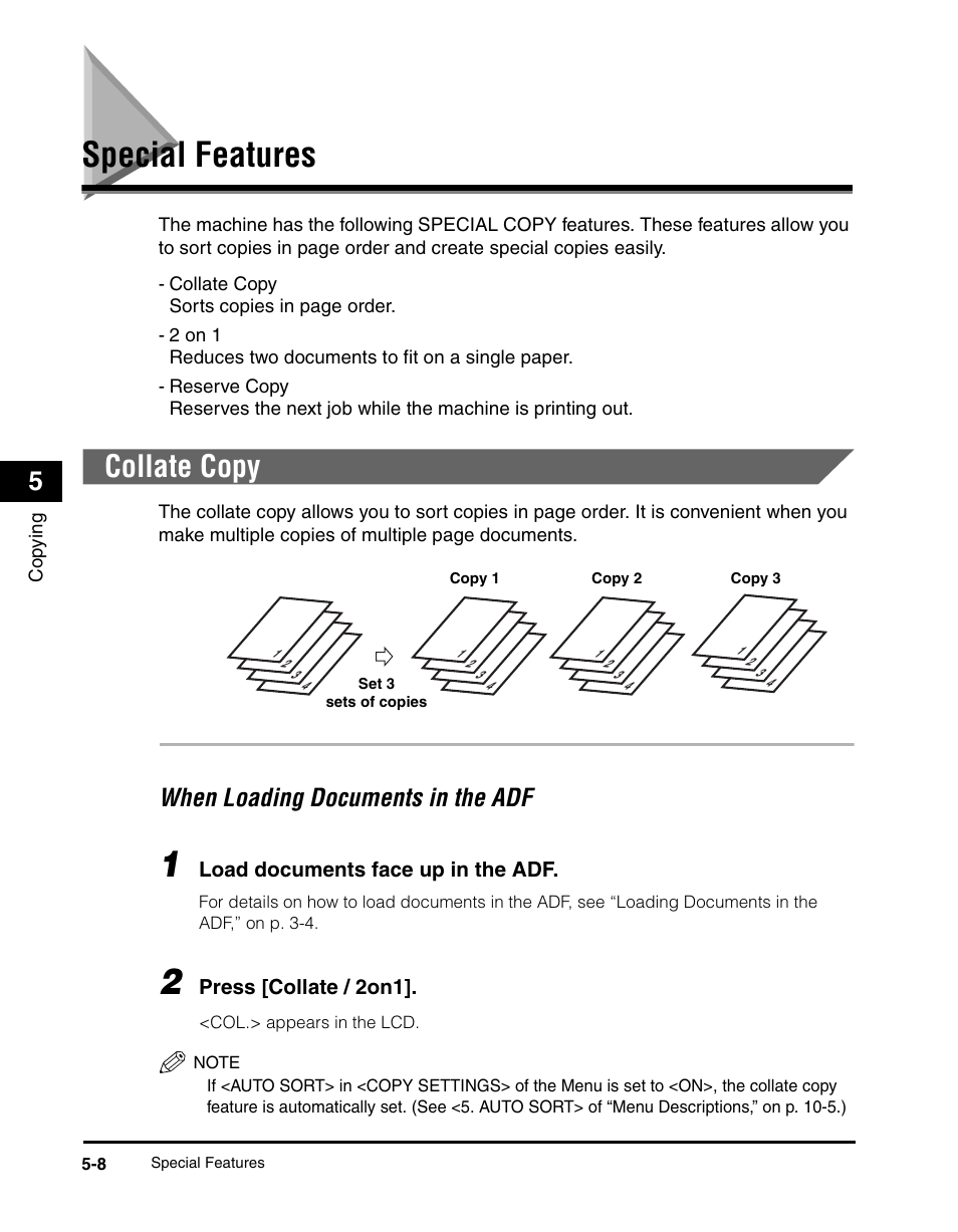 Special features, Collate copy, Special features -8 | Collate copy -8, When loading documents in the adf -8, See “special features,” on p. 5-8.), When loading documents in the adf | Canon IMAGECLASS MF5700 User Manual | Page 67 / 139