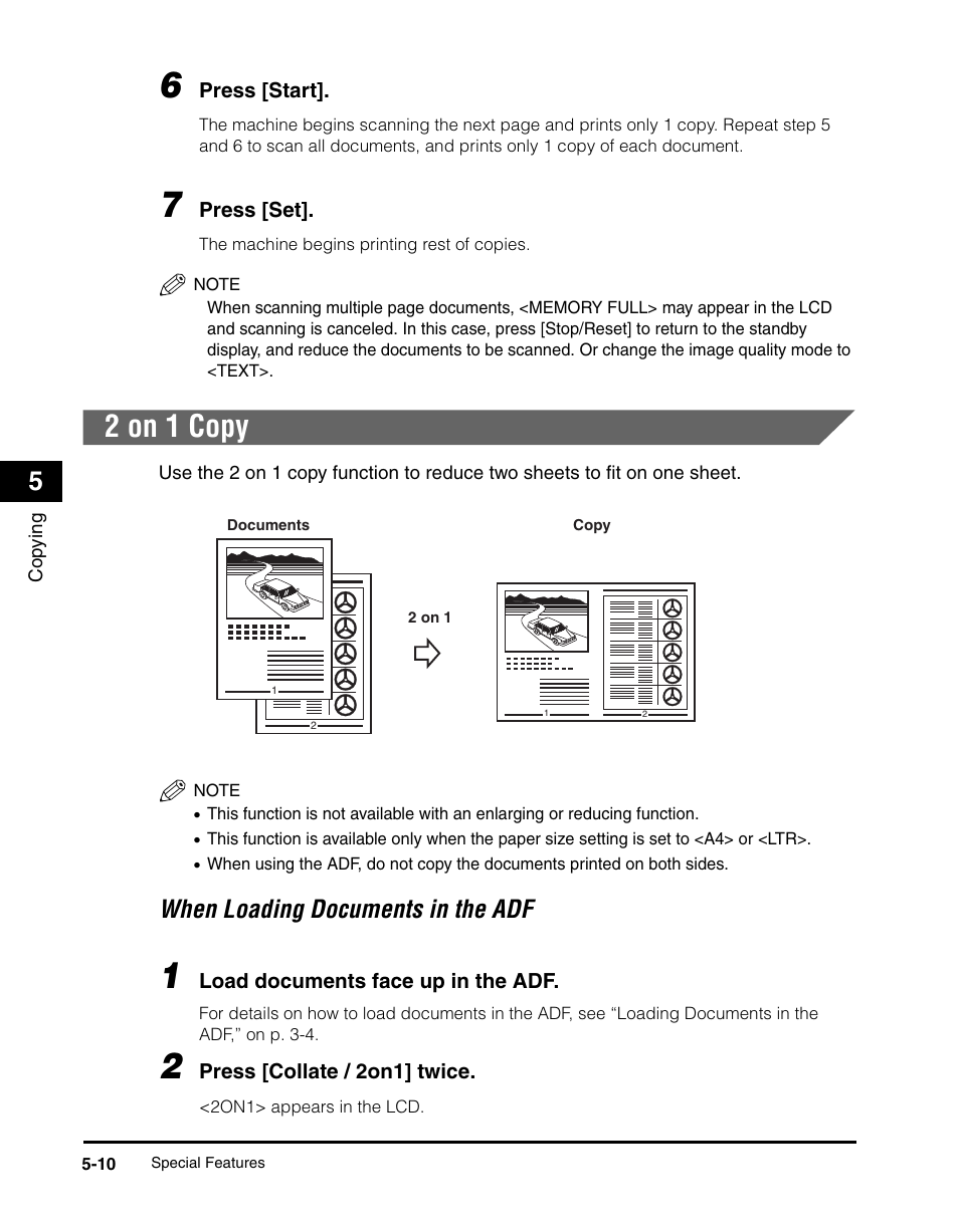 2 on 1 copy, 2 on 1 copy -10, When loading documents in the adf -10 | When loading documents in the adf | Canon IMAGECLASS MF5700 User Manual | Page 69 / 139