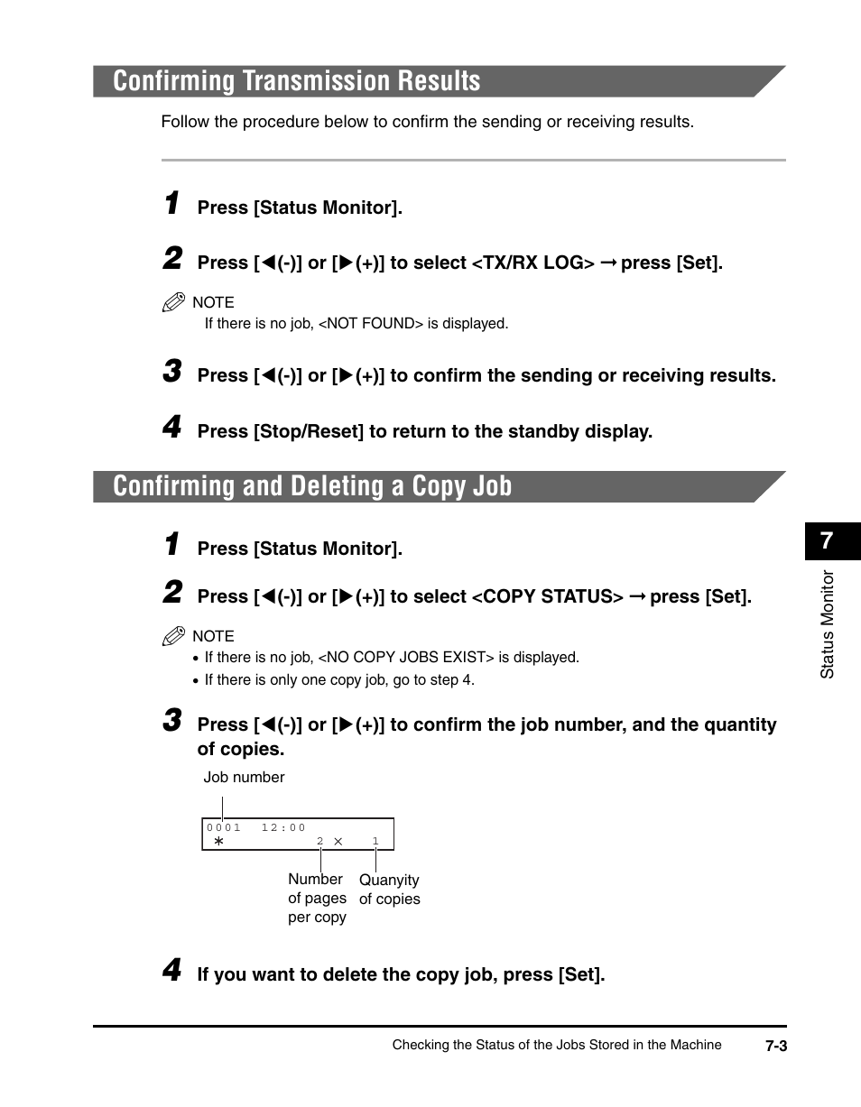 Confirming transmission results, Confirming and deleting a copy job | Canon IMAGECLASS MF5700 User Manual | Page 80 / 139