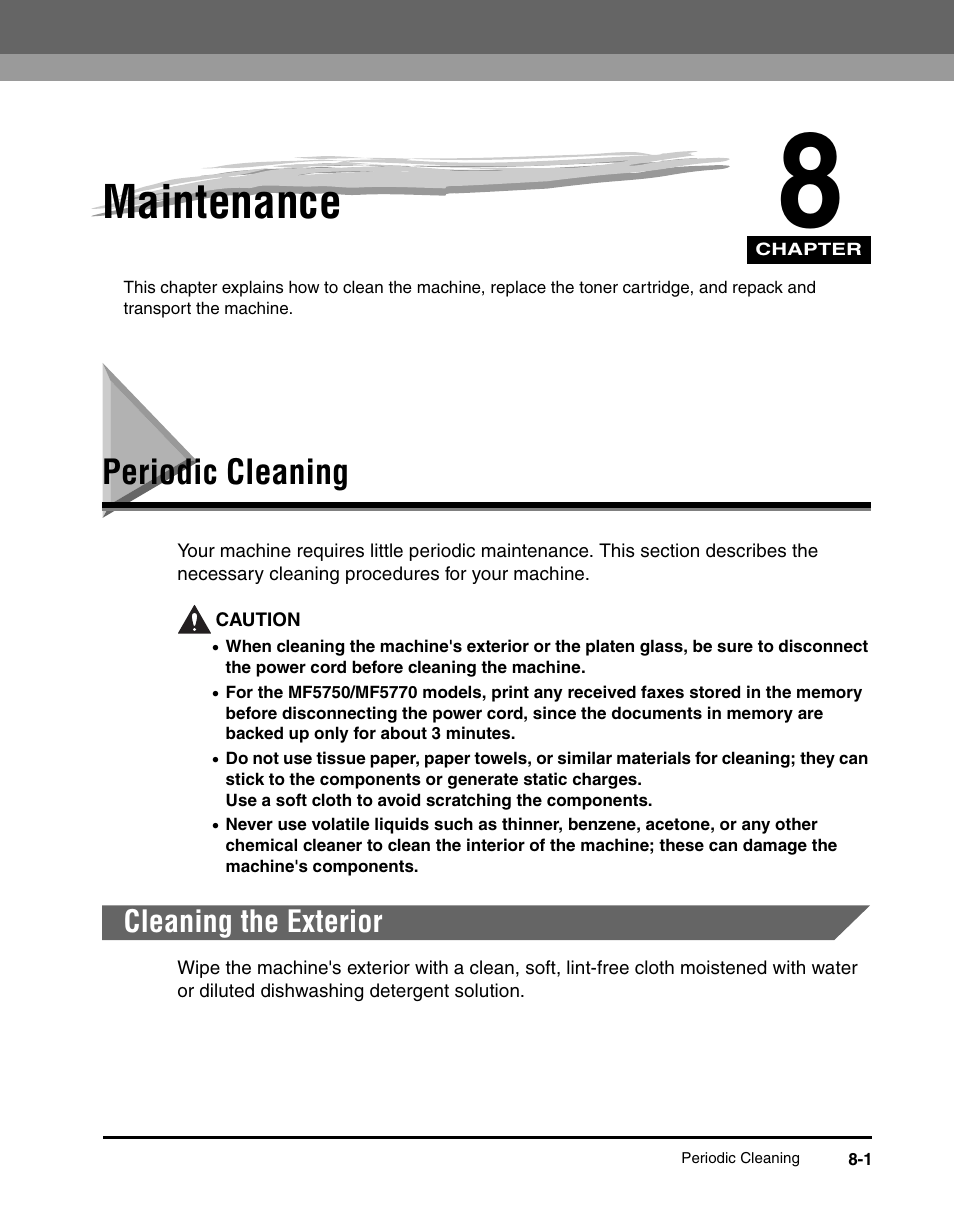 Maintenance, Periodic cleaning, Cleaning the exterior | Chapter 8, Periodic cleaning -1, Cleaning the exterior -1 | Canon IMAGECLASS MF5700 User Manual | Page 84 / 139