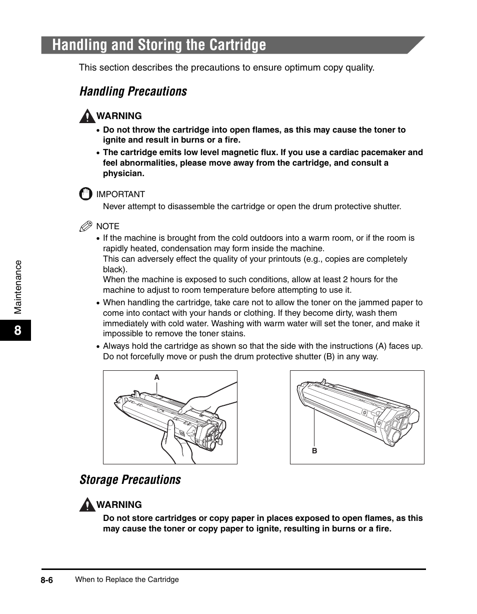 Handling and storing the cartridge, Handling and storing the cartridge -6, Handling precautions -6 storage precautions -6 | Handling precautions, Storage precautions | Canon IMAGECLASS MF5700 User Manual | Page 89 / 139