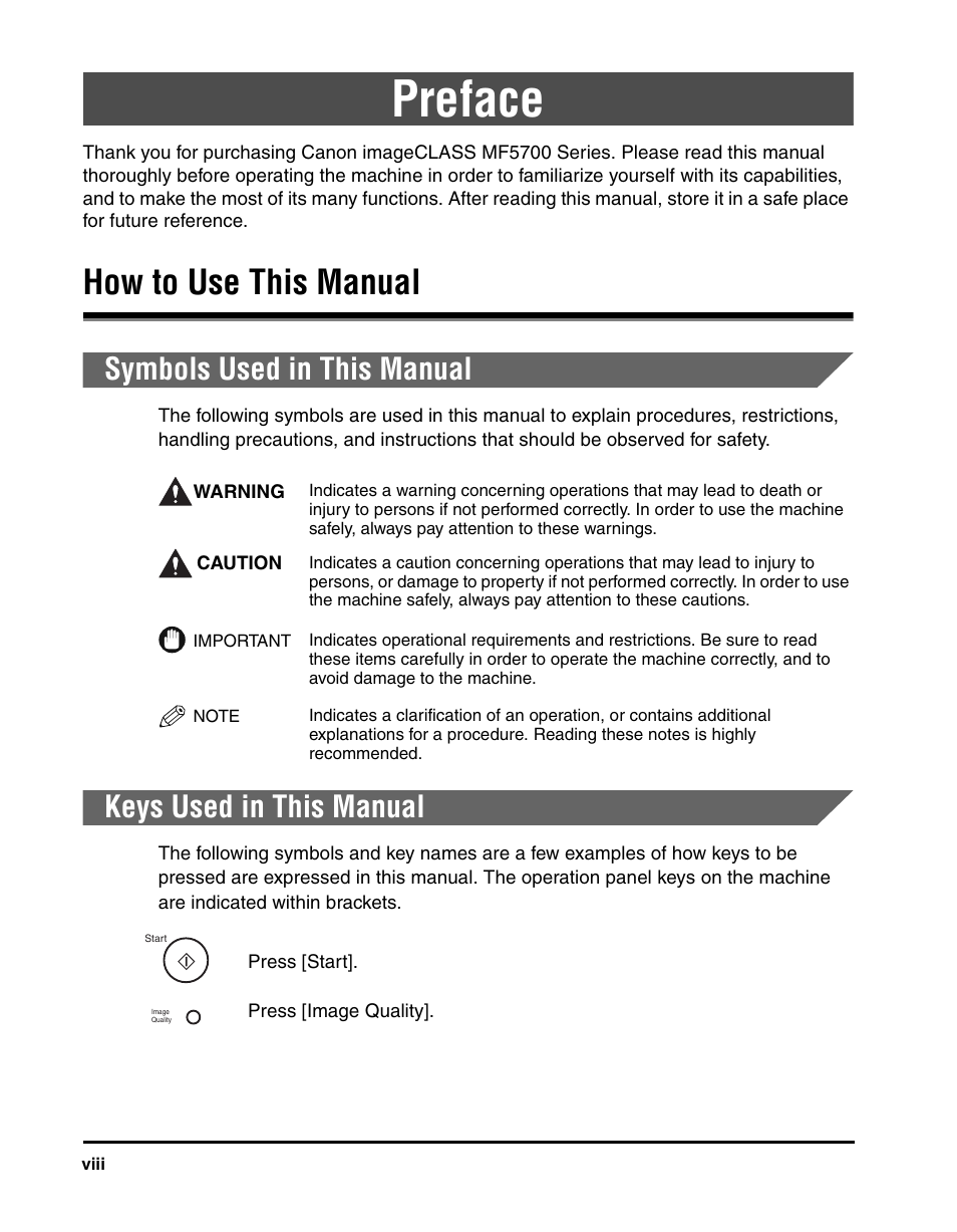 Preface, How to use this manual, Symbols used in this manual | Keys used in this manual | Canon IMAGECLASS MF5700 User Manual | Page 9 / 139