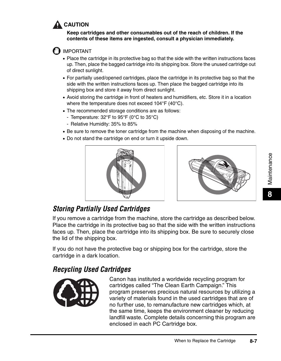 Storing partially used cartridges, Recycling used cartridges | Canon IMAGECLASS MF5700 User Manual | Page 90 / 139