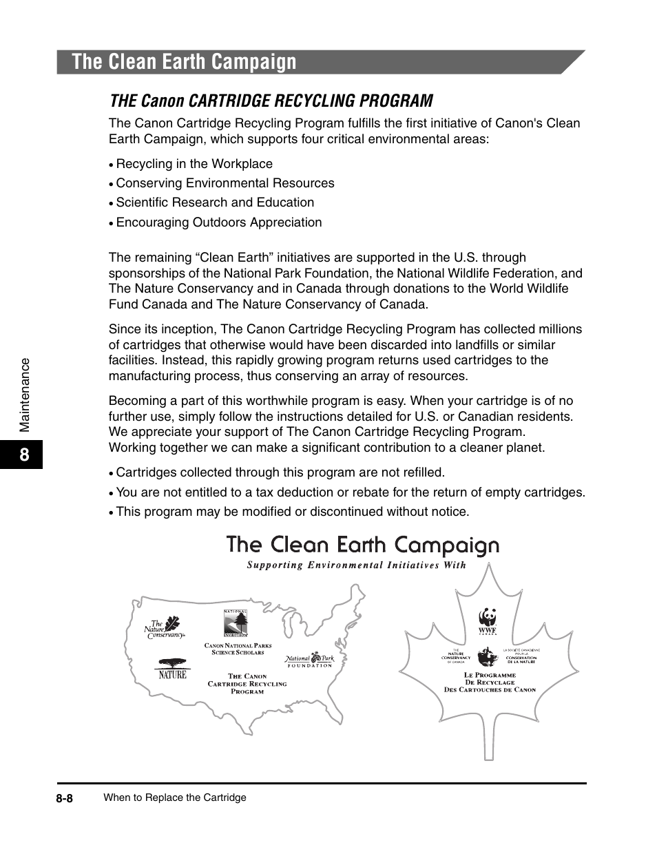 The clean earth campaign, The clean earth campaign -8, The canon cartridge recycling program -8 | The canon cartridge recycling program | Canon IMAGECLASS MF5700 User Manual | Page 91 / 139