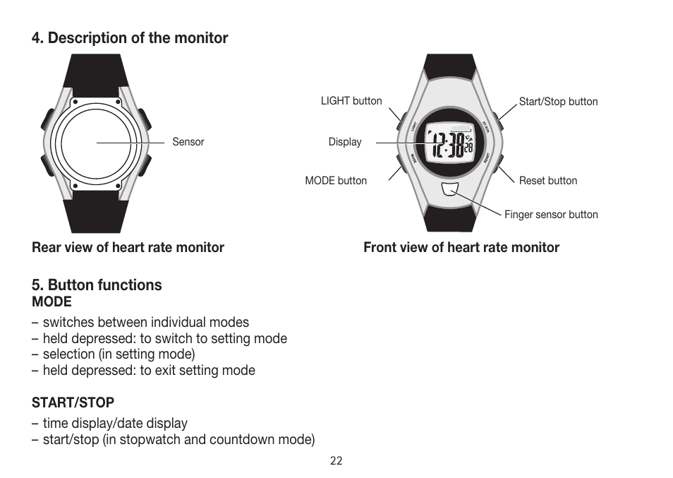 Description of the monitor 5. button functions | Beurer PM 15 User Manual | Page 22 / 120