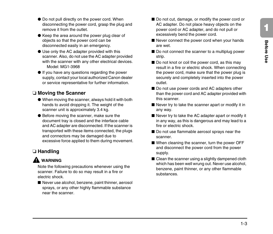 Moving the scanner, Handling, Moving the scanner -3 handling -3 | Canon SCANFRONT M11058 User Manual | Page 13 / 88