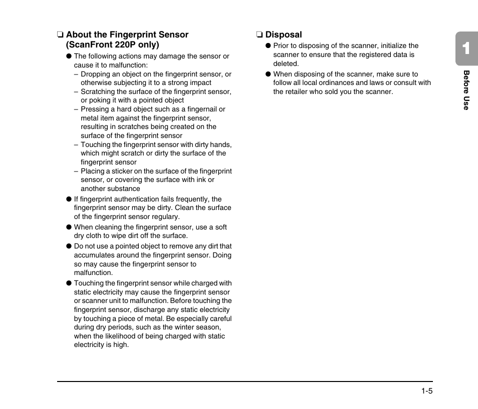 About the fingerprint sensor (scanfront 220p only), Disposal | Canon SCANFRONT M11058 User Manual | Page 15 / 88