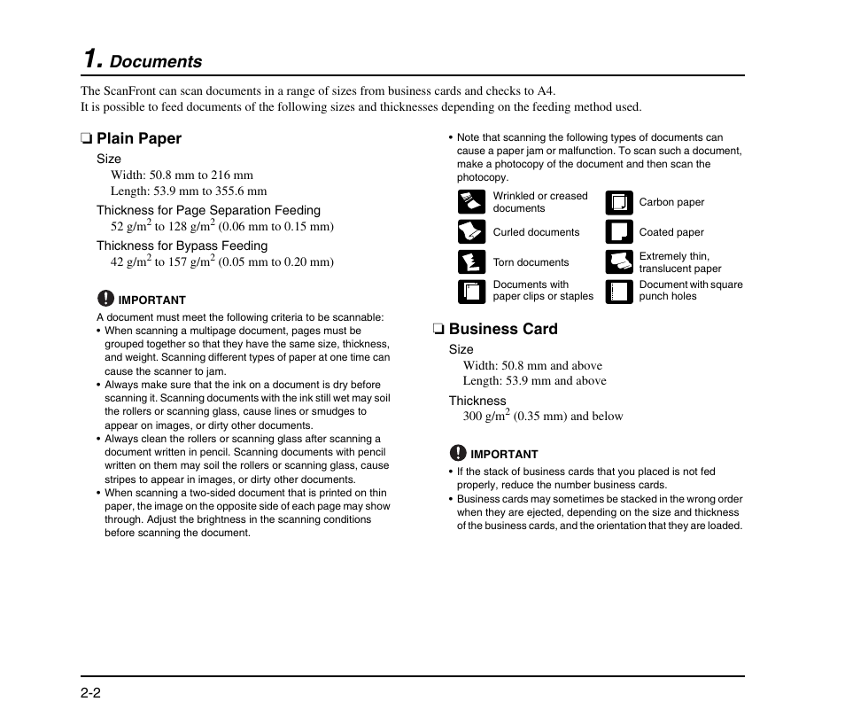 Documents, Plain paper, Business card | Documents -2, Plain paper -2 business card -2 | Canon SCANFRONT M11058 User Manual | Page 20 / 88