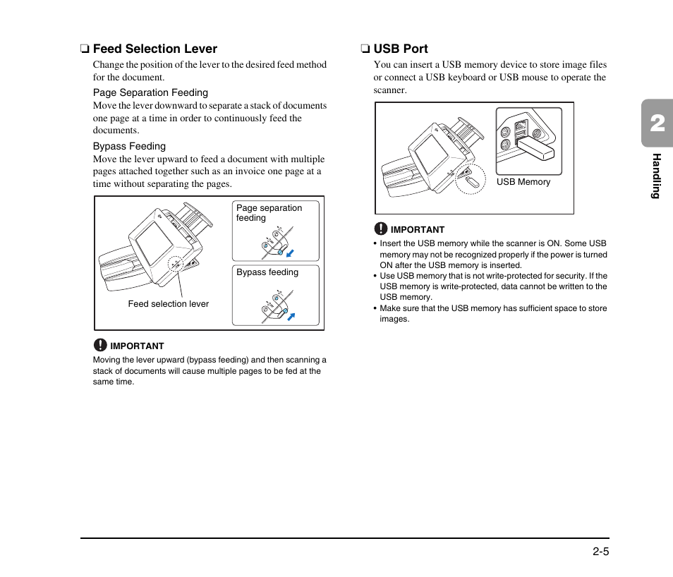 Feed selection lever, Usb port, Feed selection lever -5 usb port -5 | See p. 2-5.) | Canon SCANFRONT M11058 User Manual | Page 23 / 88