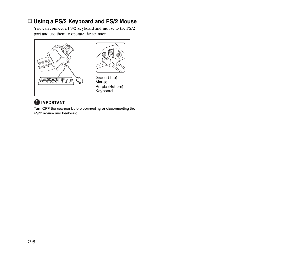 Using a ps/2 keyboard and ps/2 mouse, Using a ps/2 keyboard and ps/2 mouse -6 | Canon SCANFRONT M11058 User Manual | Page 24 / 88