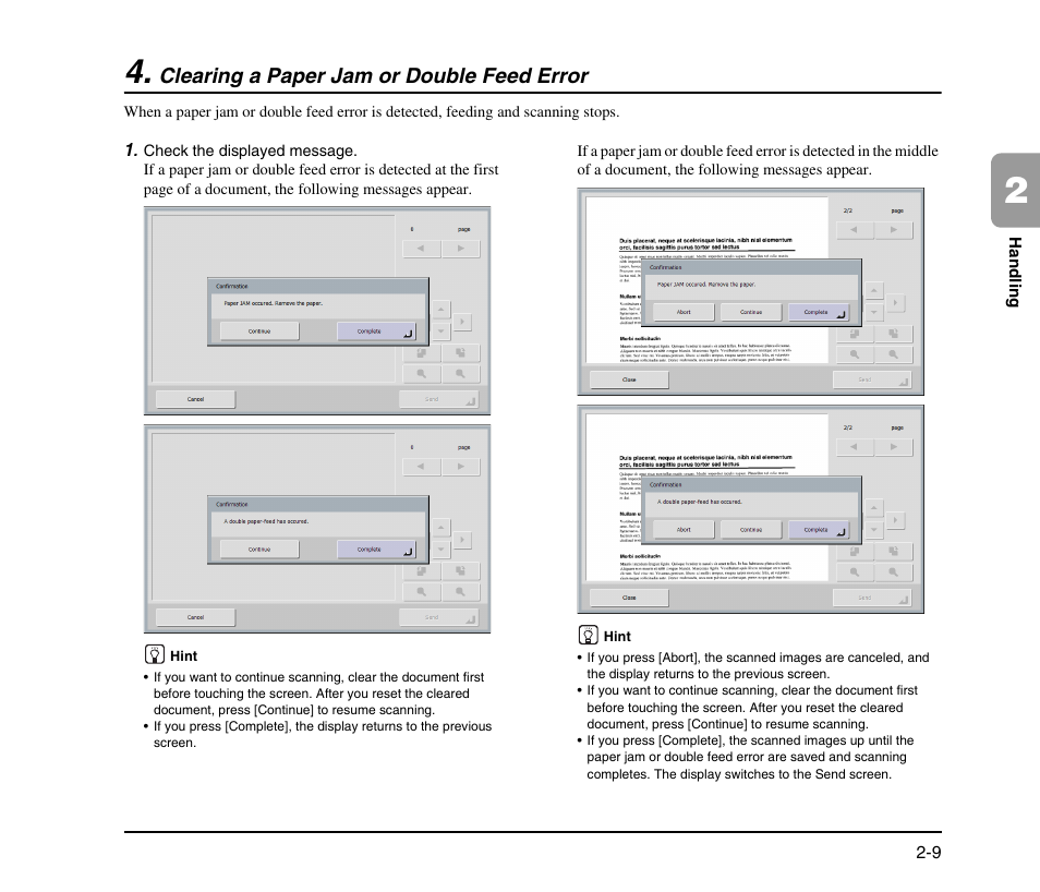 Clearing a paper jam or double feed error, Clearing a paper jam or double feed error -9 | Canon SCANFRONT M11058 User Manual | Page 27 / 88