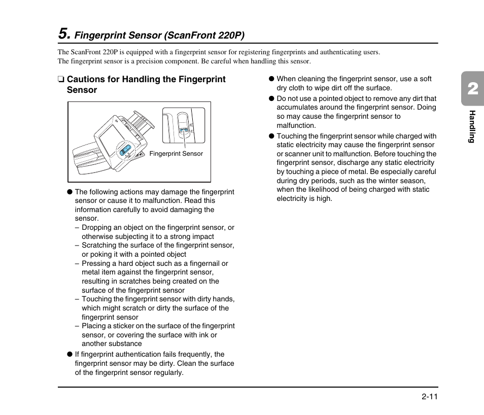 Fingerprint sensor (scanfront 220p), Cautions for handling the fingerprint sensor, Fingerprint sensor (scanfront 220p) -11 | Cautions for handling the fingerprint sensor -11, See p. 2-11.) | Canon SCANFRONT M11058 User Manual | Page 29 / 88