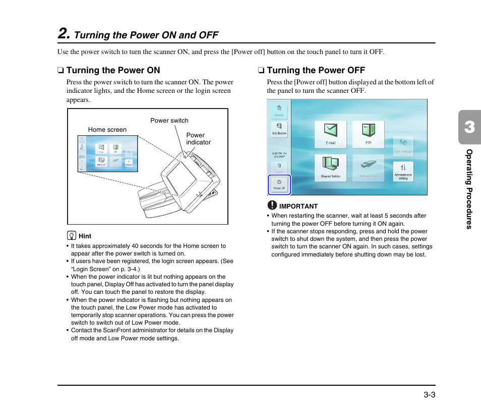 Turning the power on and off, Turning the power on, Turning the power off | Turning the power on and off -3, Turning the power on -3 turning the power off -3, See p. 3-3.) | Canon SCANFRONT M11058 User Manual | Page 33 / 88