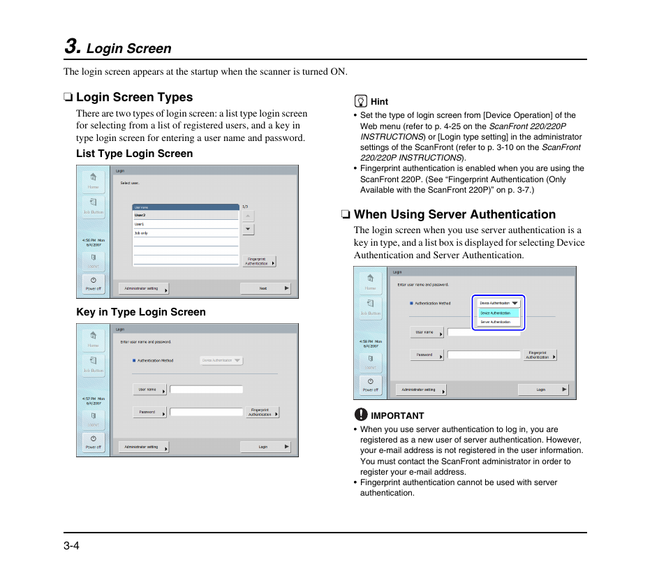 Login screen, Login screen types, When using server authentication | Login screen -4, See p. 3-4.) | Canon SCANFRONT M11058 User Manual | Page 34 / 88